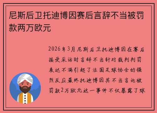 尼斯后卫托迪博因赛后言辞不当被罚款两万欧元