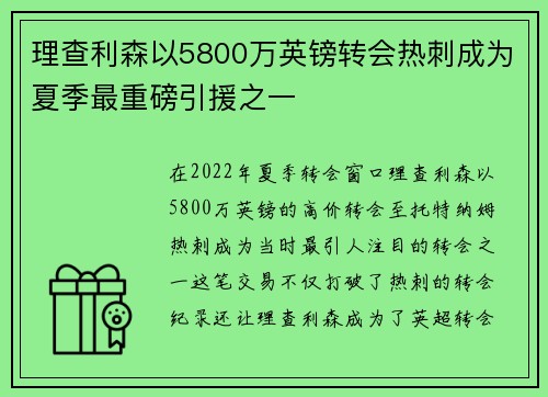 理查利森以5800万英镑转会热刺成为夏季最重磅引援之一