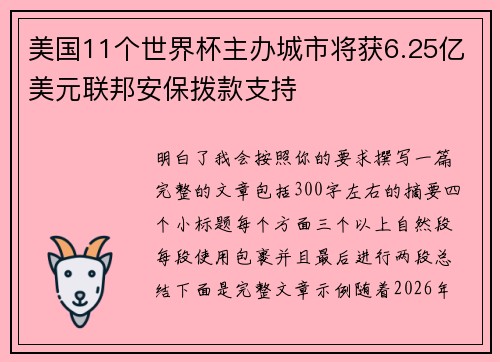 美国11个世界杯主办城市将获6.25亿美元联邦安保拨款支持